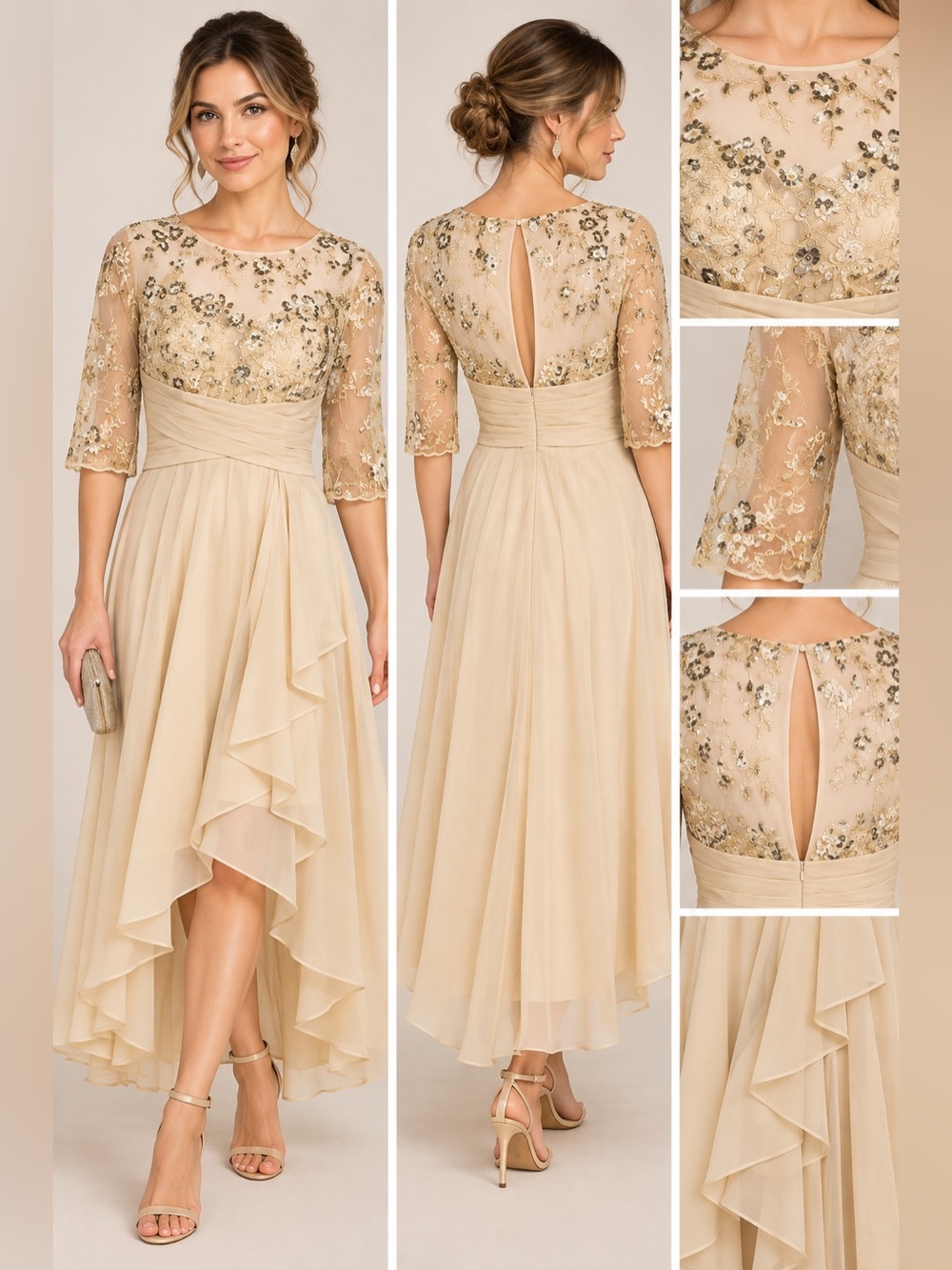 Champagne Gold Embroidered Sequin High Low Formal Dress Size 14